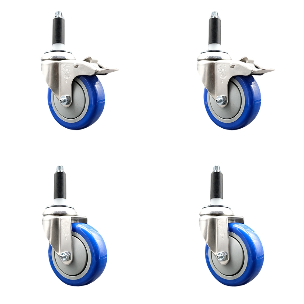 Polyurethane Swivel Stem Caster with 4 in. Blue Caster Wheels, 0.87 in. Expanding Stem - 316 Stainless Steel Casters - Set of 4