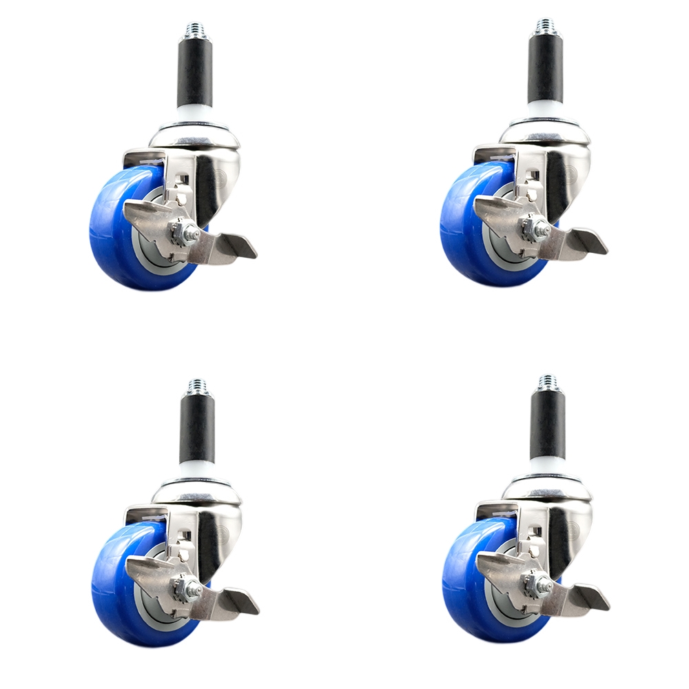 Polyurethane Swivel Stem Caster with 3 in. Blue Caster Wheels, 1 in. Expanding Stems - 316 Stainless Steel Casters - Set of 4