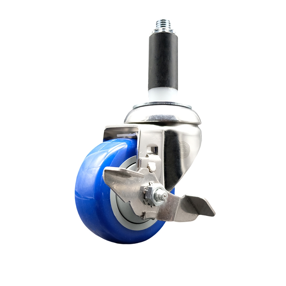 Polyurethane Swivel Stem Caster with 3.5 in. Blue Caster Wheels & Top Lock Brake, 1 in. Expanding Stem - 316 Stainless Steel Caster