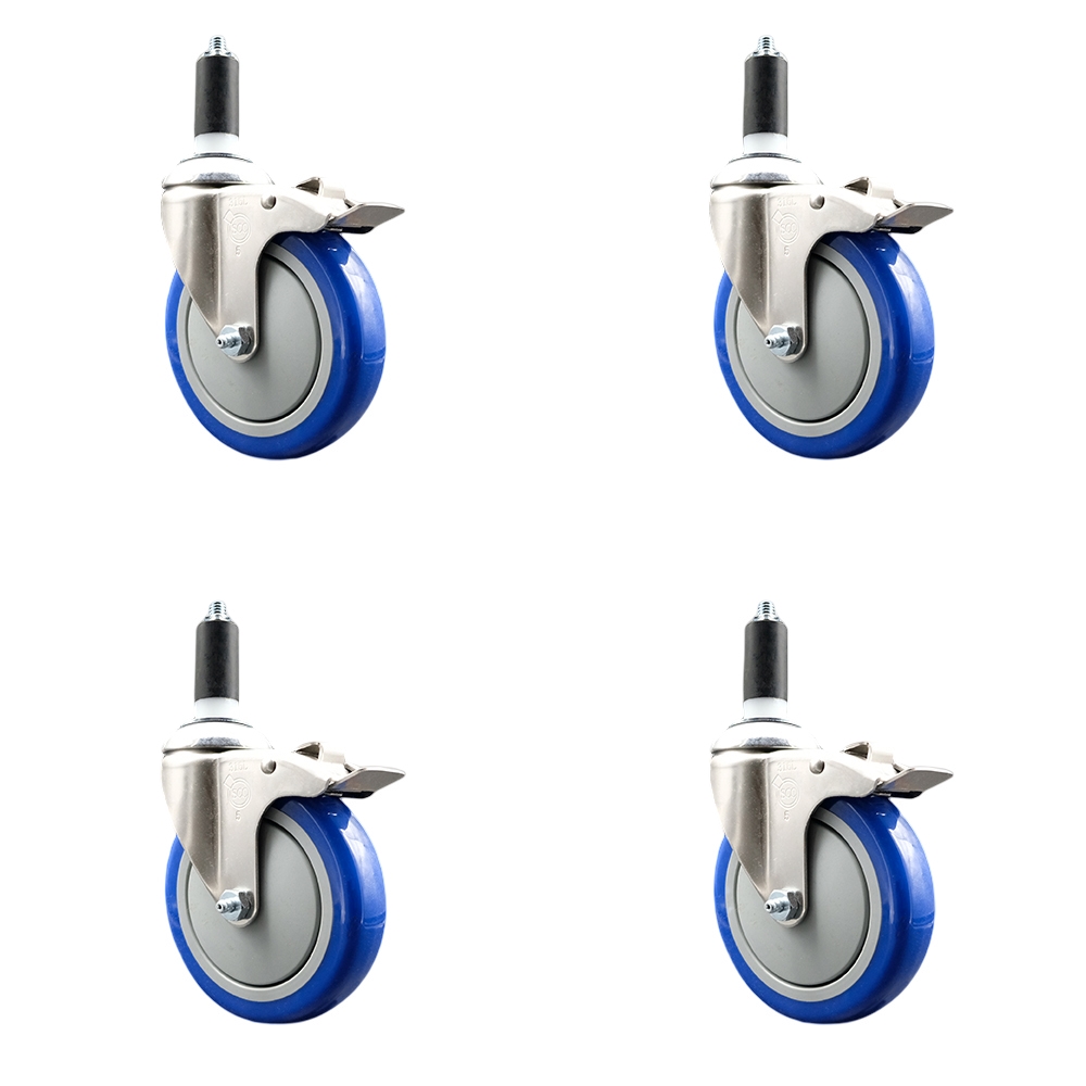 Polyurethane Swivel Stem Caster with 5 in. Blue Caster Wheels, 1.25 in. Expanding Stems - 316 Stainless Steel Casters - Set of 4