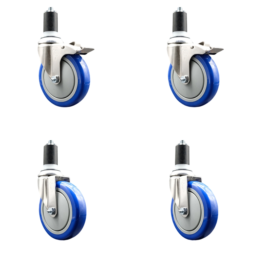 Polyurethane Swivel Stem Caster with 5 in. Blue Caster Wheels, 1.5 in. Expanding Stem - 316 Stainless Steel Casters - Set of 4