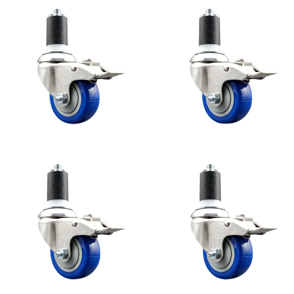 Polyurethane Swivel Stem Caster with 3 in. Blue Caster Wheels, 1.63 in. Expanding Stems - 316 Stainless Steel Casters - Set of 4