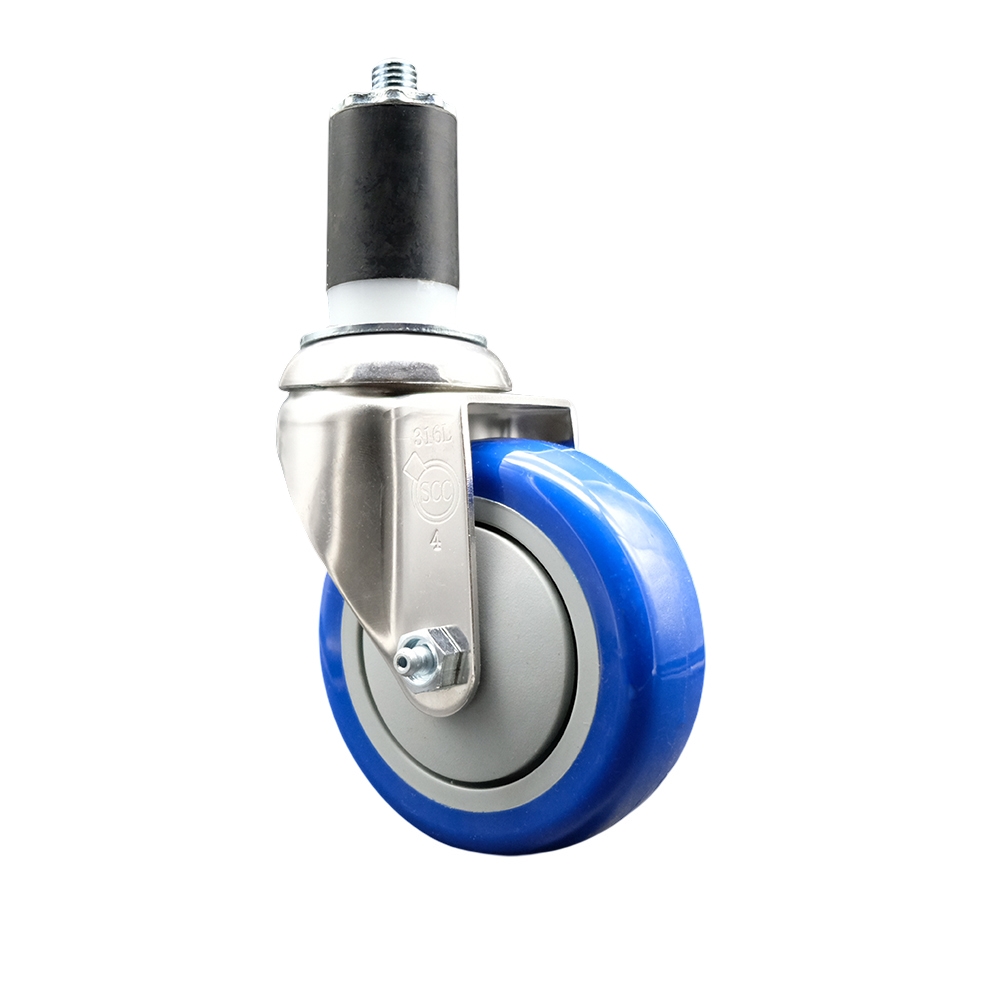 Polyurethane Swivel Stem Caster with 4 in. Blue Caster Wheels, 1.63 in. Expanding Stem - 316 Stainless Steel Caster