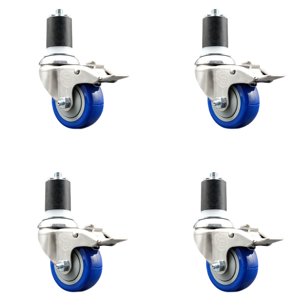 Polyurethane Swivel Stem Caster with 3 in. Blue Caster Wheels, 1.75 in. Expanding Stems - 316 Stainless Steel Casters - Set of 4