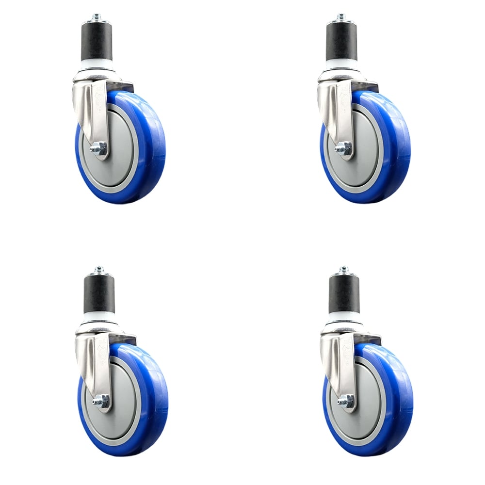 Polyurethane Swivel Stem Caster with 5 in. Blue Caster Wheels, 1.75 in. Expanding Stems - 316 Stainless Steel Casters - Set of 4