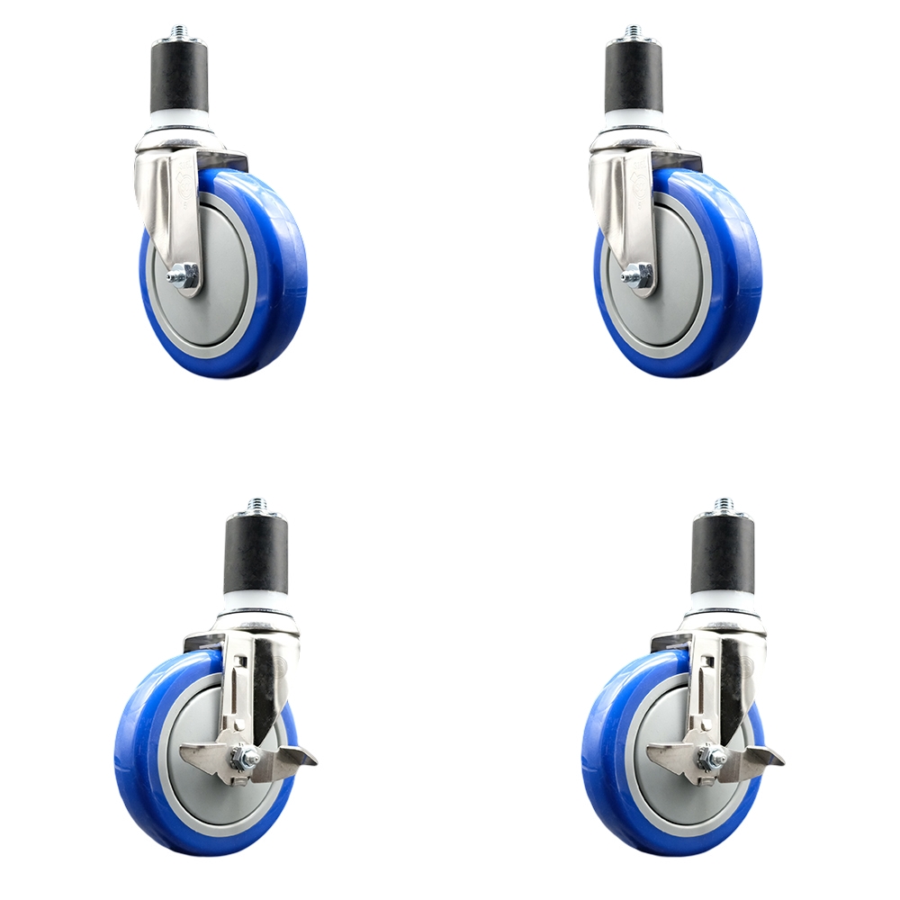 Polyurethane Swivel Stem Caster with 5 in. Blue Caster Wheels, 1.75 in. Expanding Stems - 316 Stainless Steel Casters - Set of 4
