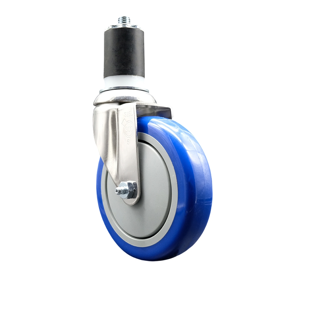 Polyurethane Swivel Stem Caster with 5 in. Blue Caster Wheels, 1.87 in. Expanding Stem - 316 Stainless Steel Caster