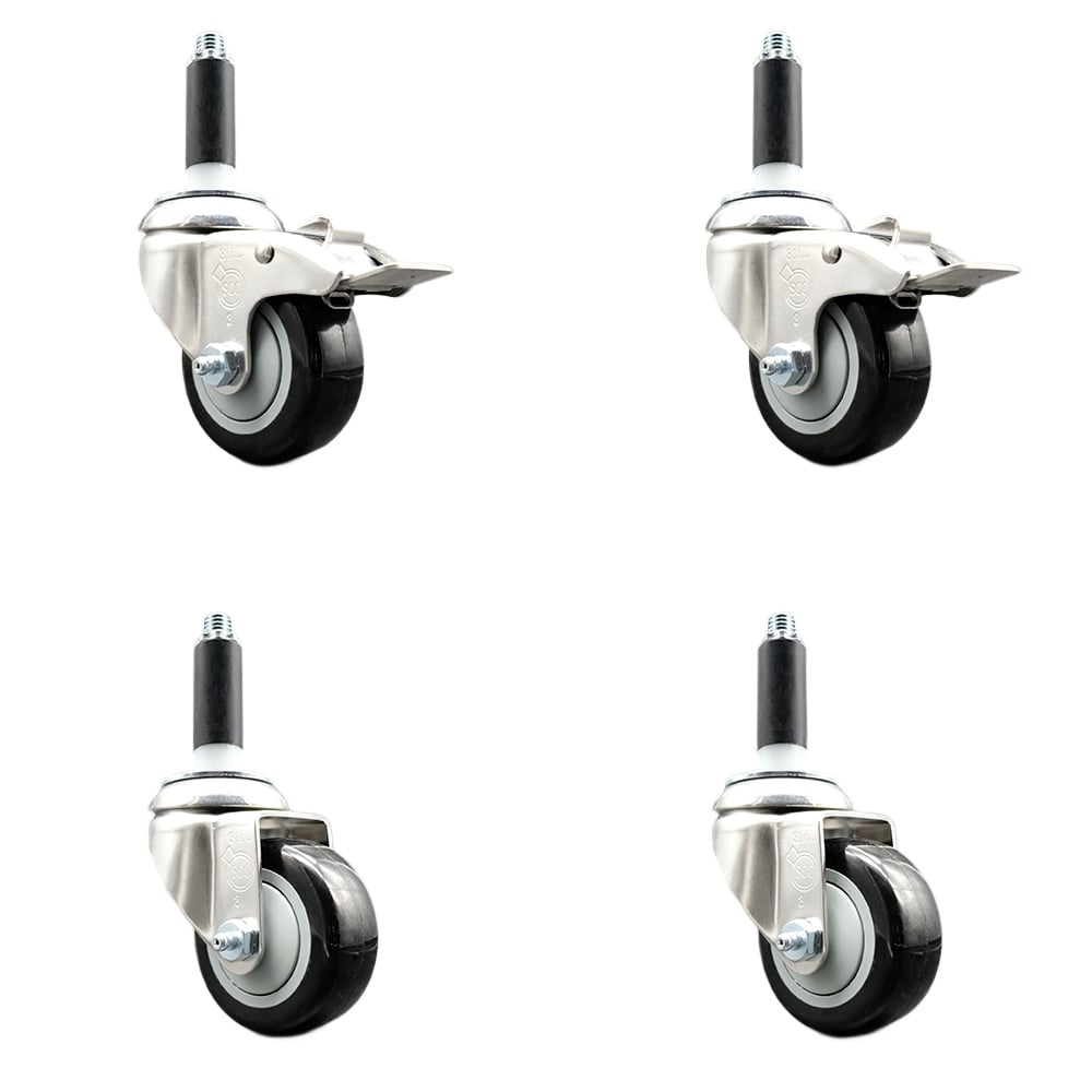 Polyurethane Swivel Stem Caster with 3 in. Black Caster Wheels, 0.75 in. Expanding Stem - 316 Stainless Steel Casters - Set of 4