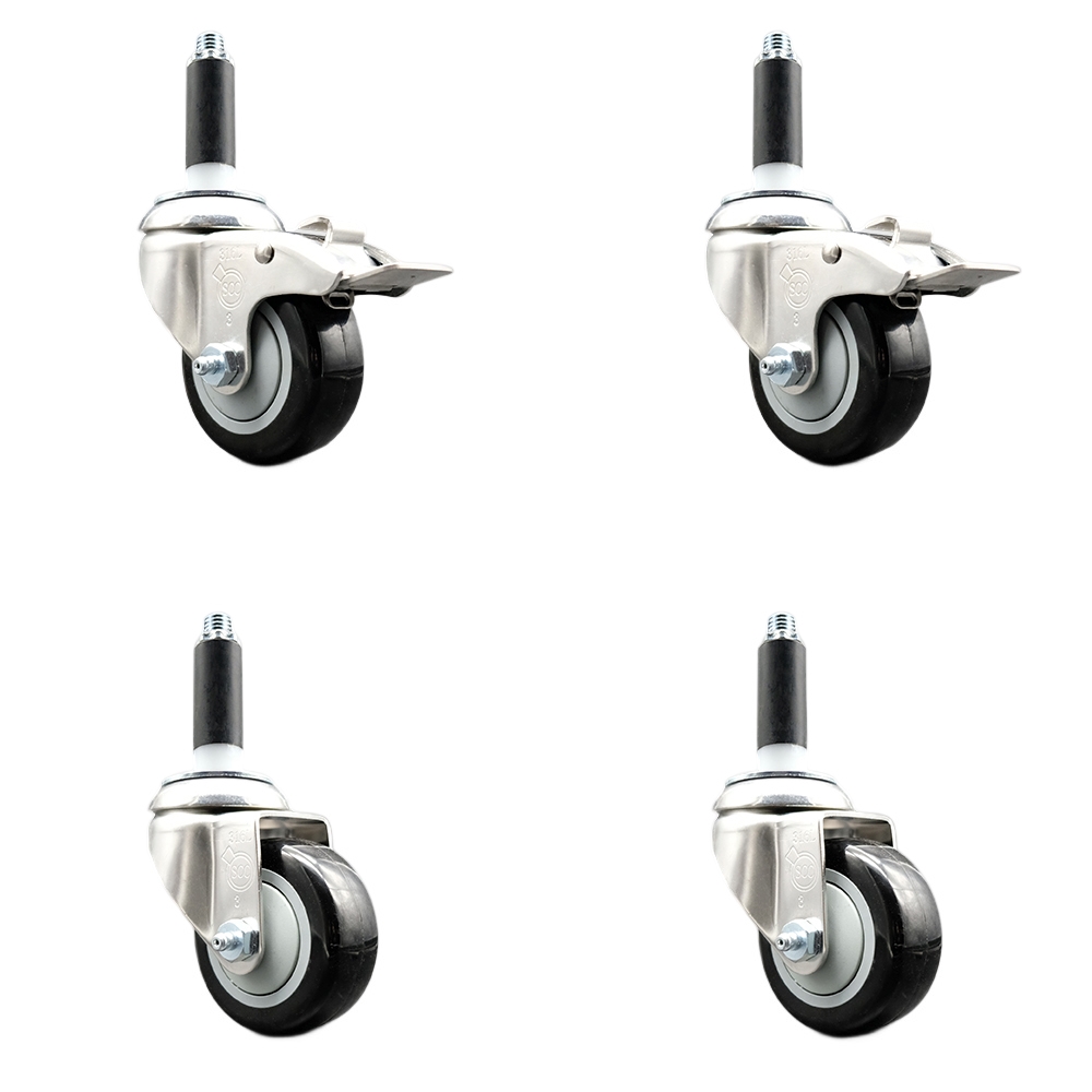 Polyurethane Swivel Stem Caster with 3.5 in. Black Caster Wheels, 0.75 in. Expanding Stem - 316 Stainless Steel Casters - Set of 4