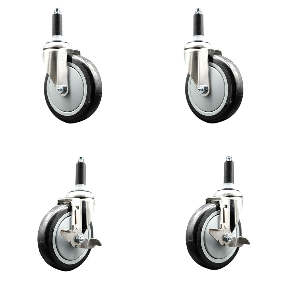 Polyurethane Swivel Stem Caster with 5 in. Black Caster Wheels, 0.75 in. Expanding Stems - 316 Stainless Steel Casters - Set of 4