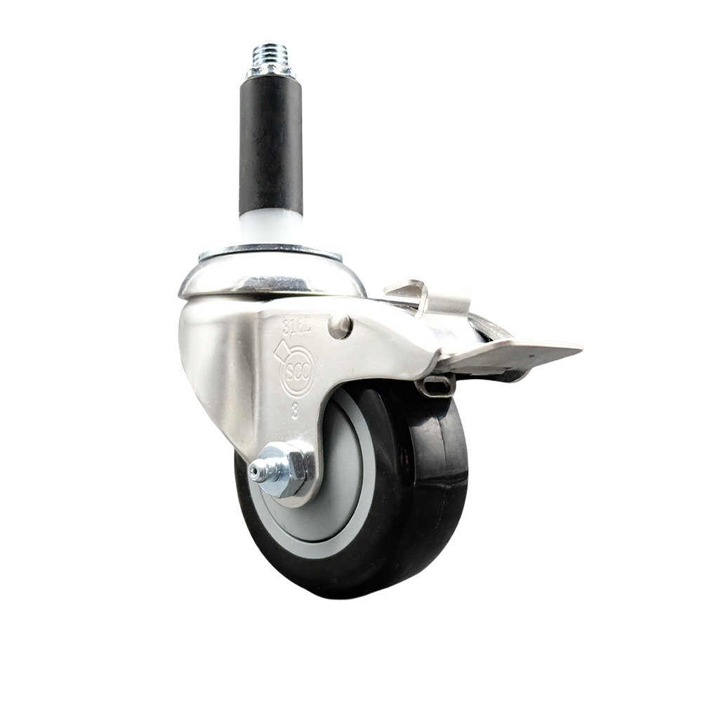 Polyurethane Swivel Stem Caster with 3 in. Black Caster Wheels & Total Lock Brake, 0.87 in. Expanding Stem - 316 Stainless Steel Caster