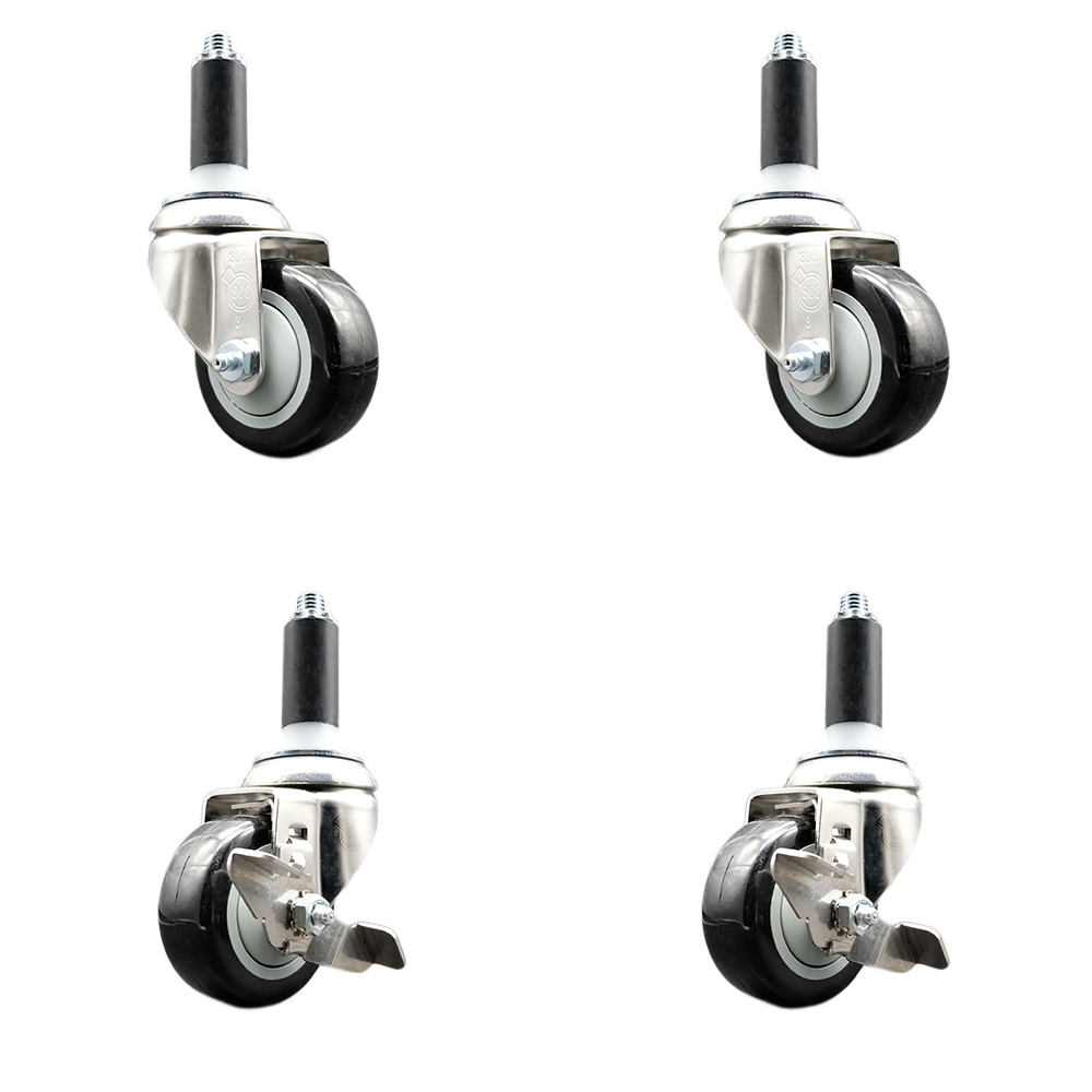 Polyurethane Swivel Stem Caster with 3 in. Black Caster Wheels, 1 in. Expanding Stems - 316 Stainless Steel Casters - Set of 4