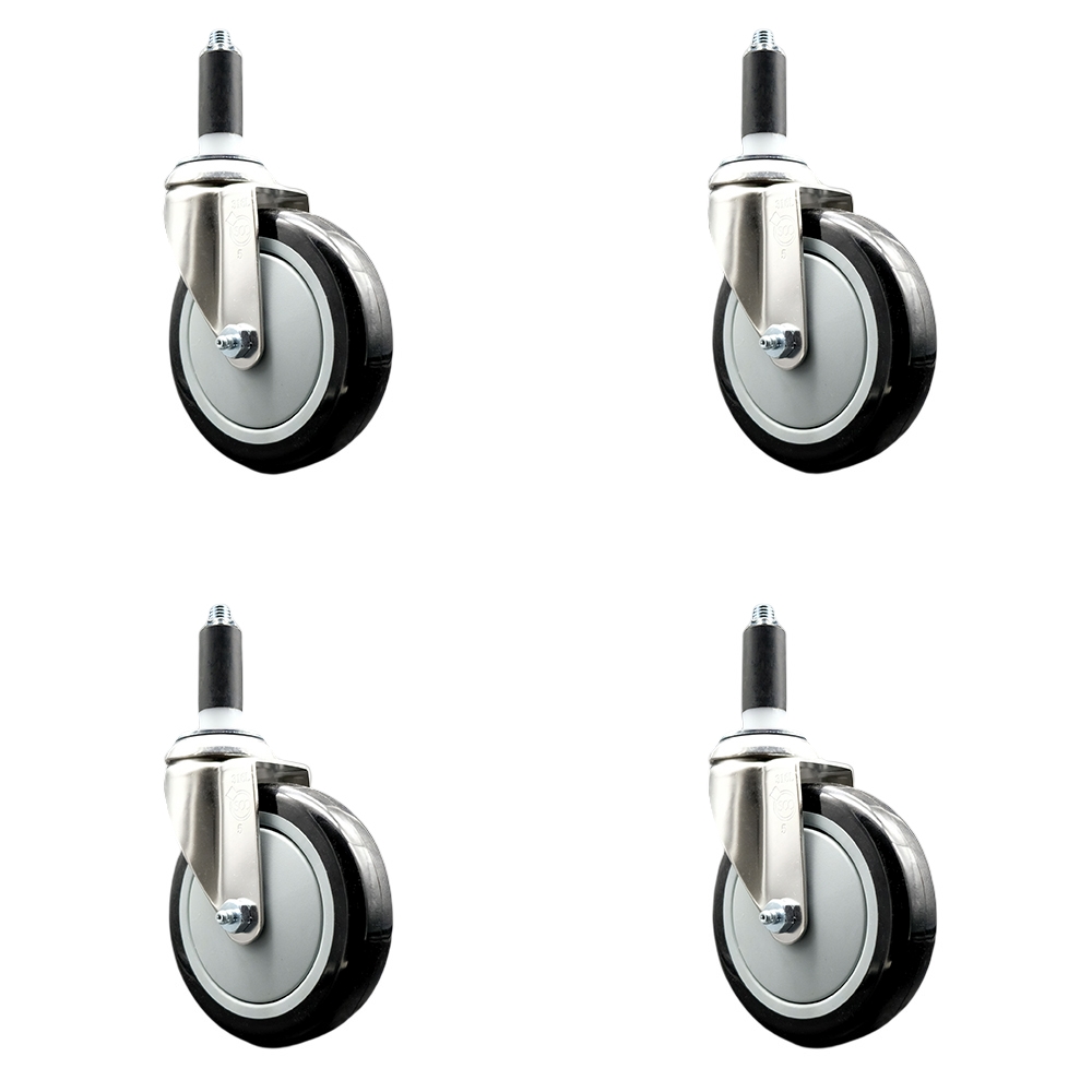 Polyurethane Swivel Stem Caster with 5 in. Black Caster Wheels, 1.13 in. Expanding Stems - 316 Stainless Steel Casters - Set of 4