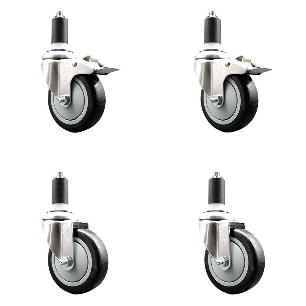 Polyurethane Swivel Stem Caster with 4 in. Black Caster Wheels, 1.25 in. Expanding Stem - 316 Stainless Steel Casters - Set of 4