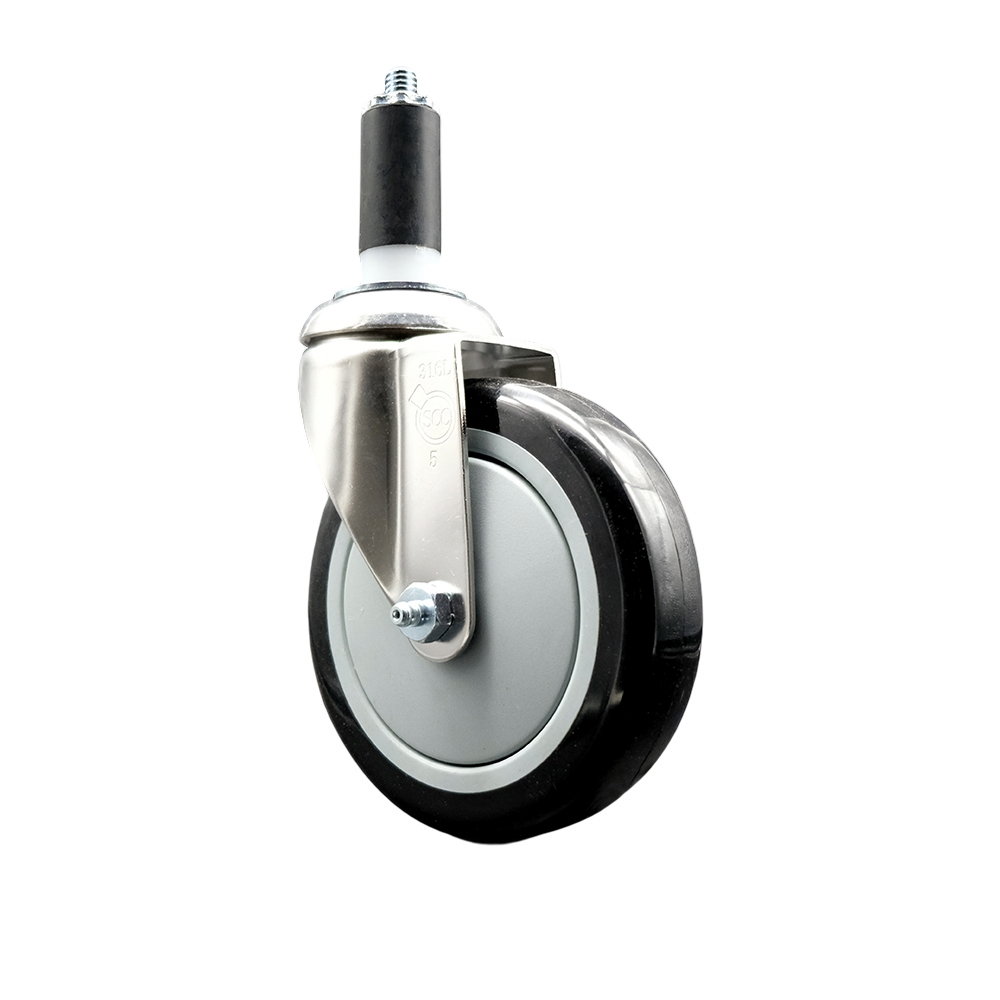 Polyurethane Swivel Stem Caster with 5 in. Black Caster Wheels, 1.25 in. Expanding Stem - 316 Stainless Steel Caster