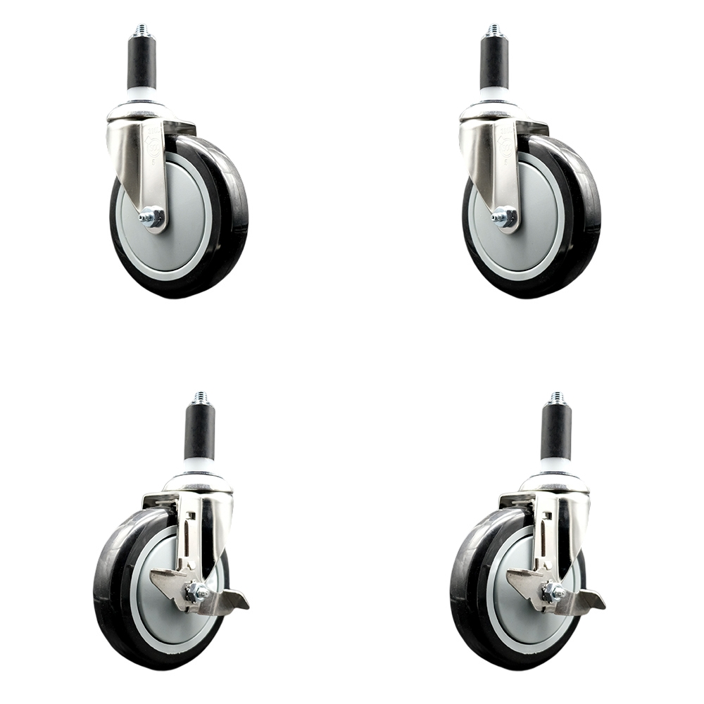 Polyurethane Swivel Stem Caster with 5 in. Black Caster Wheels, 1.25 in. Expanding Stems - 316 Stainless Steel Casters - Set of 4