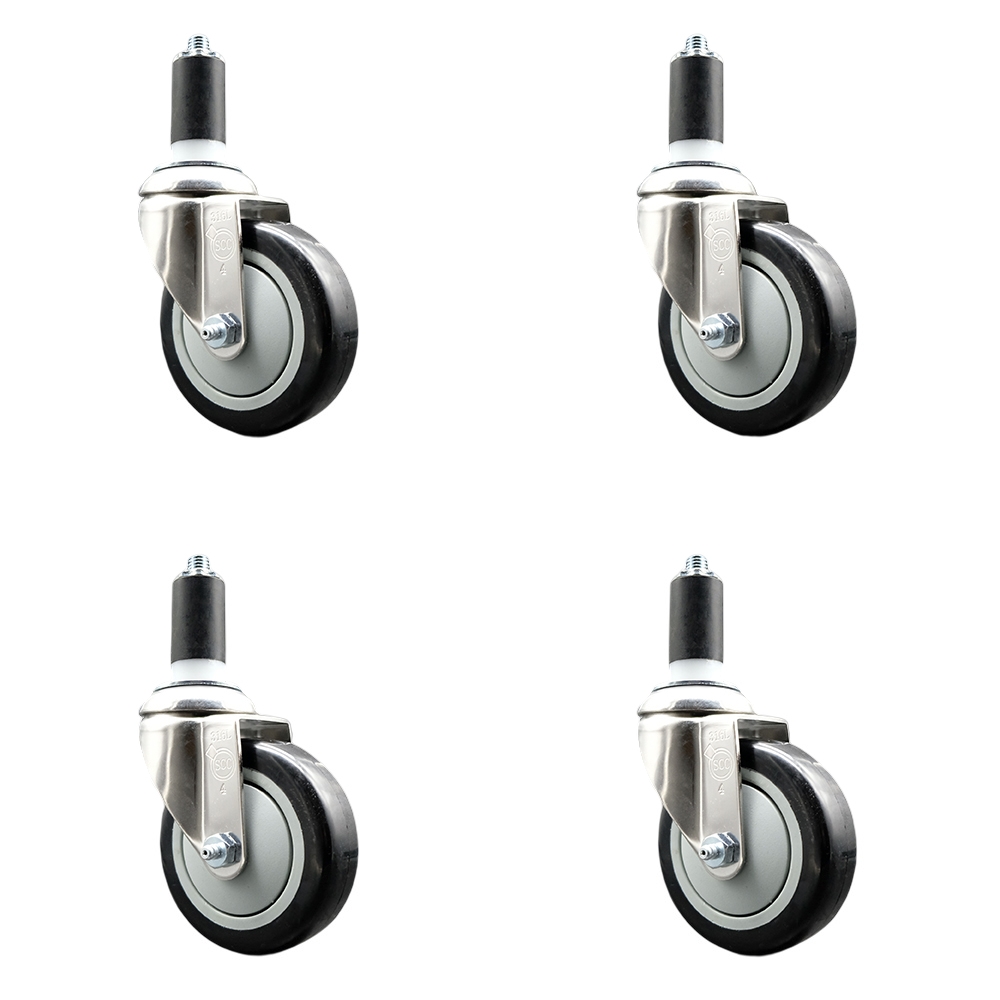 Polyurethane Swivel Stem Caster with 4 in. Black Caster Wheels, 1.38 in. Expanding Stems - 316 Stainless Steel Casters - Set of 4