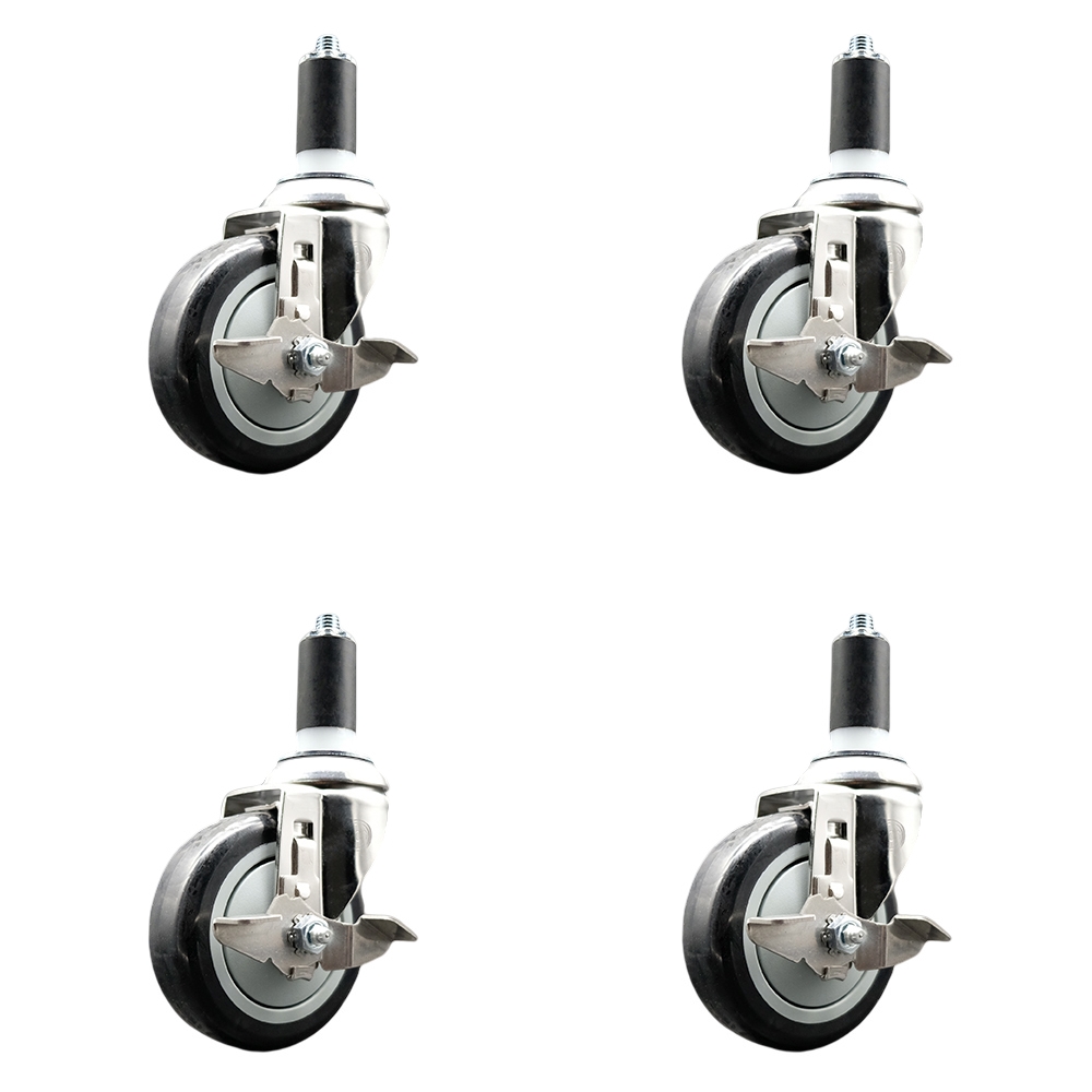 Polyurethane Swivel Stem Caster with 4 in. Black Caster Wheels, 1.38 in. Expanding Stems - 316 Stainless Steel Casters - Set of 4