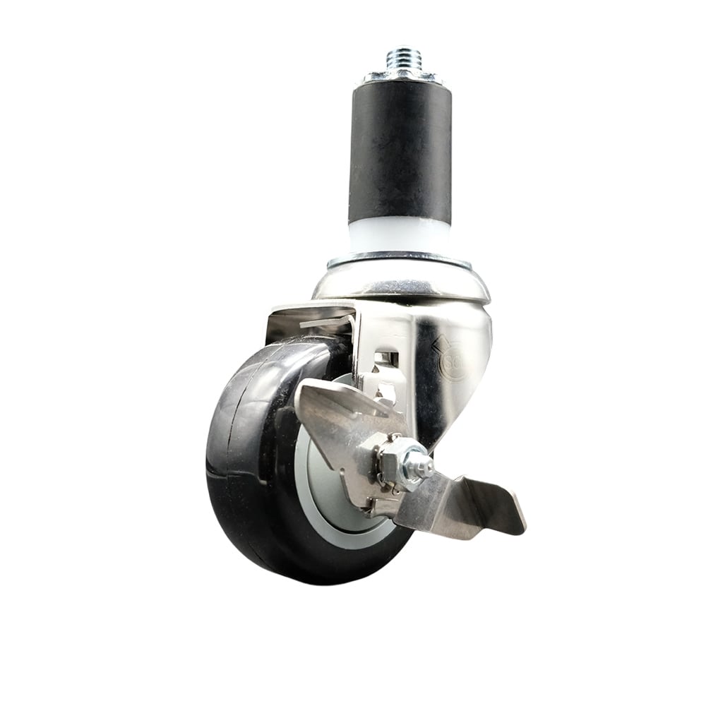 Polyurethane Swivel Stem Caster with 3 in. Black Caster Wheels & Top Lock Brake, 1.5 in. Expanding Stem - 316 Stainless Steel Caster