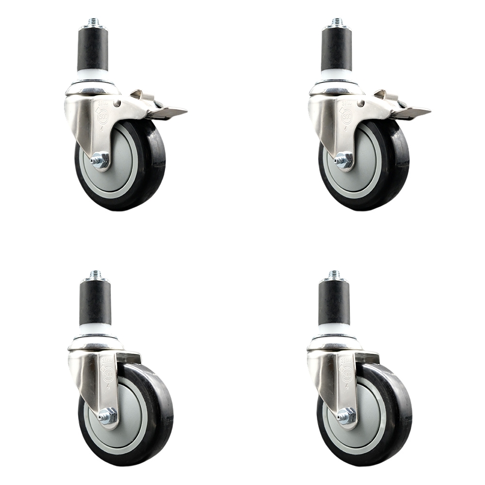 Polyurethane Swivel Stem Caster with 4 in. Black Caster Wheels, 1.5 in. Expanding Stem - 316 Stainless Steel Casters - Set of 4