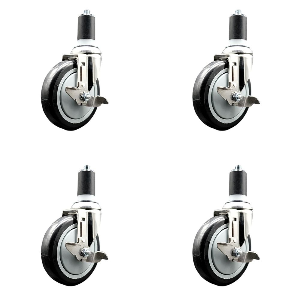 Polyurethane Swivel Stem Caster with 5 in. Black Caster Wheels, 1.5 in. Expanding Stems - 316 Stainless Steel Casters - Set of 4