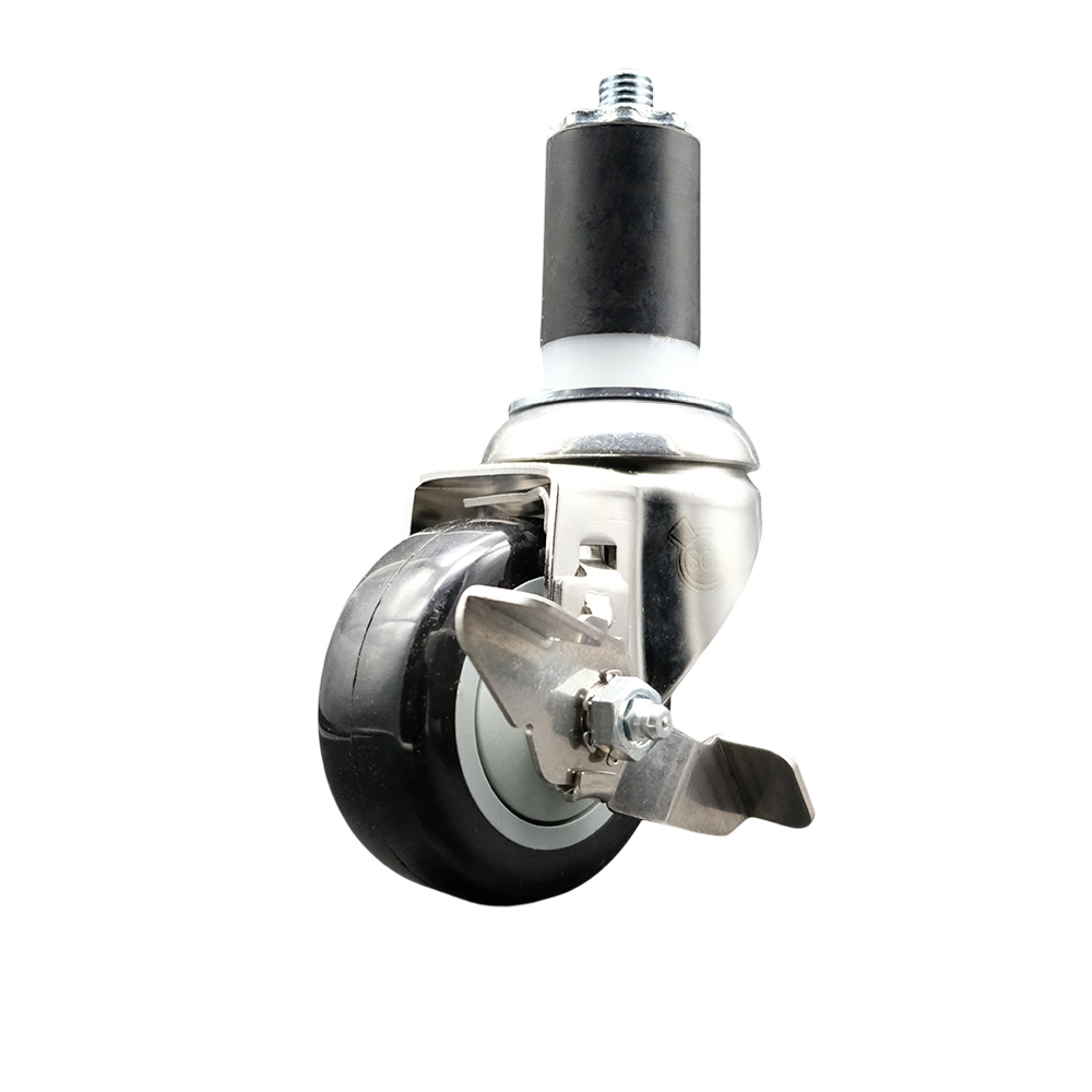 Polyurethane Swivel Stem Caster with 3 in. Black Caster Wheels & Top Lock Brake, 1.63 in. Expanding Stem - 316 Stainless Steel Caster