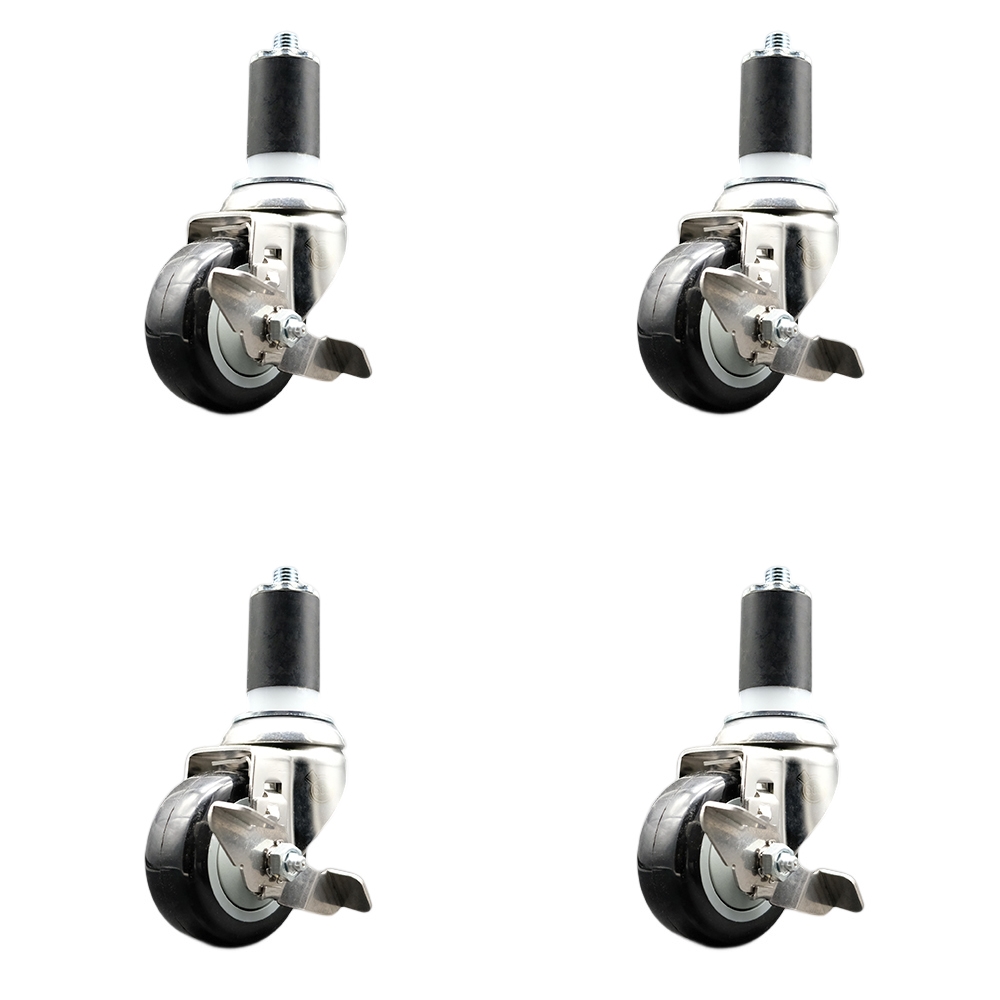 Polyurethane Swivel Stem Caster with 3 in. Black Caster Wheels, 1.63 in. Expanding Stems - 316 Stainless Steel Casters - Set of 4