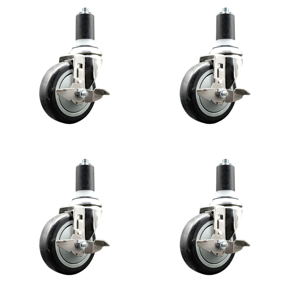Polyurethane Swivel Stem Caster with 4 in. Black Caster Wheels, 1.63 in. Expanding Stems - 316 Stainless Steel Casters - Set of 4