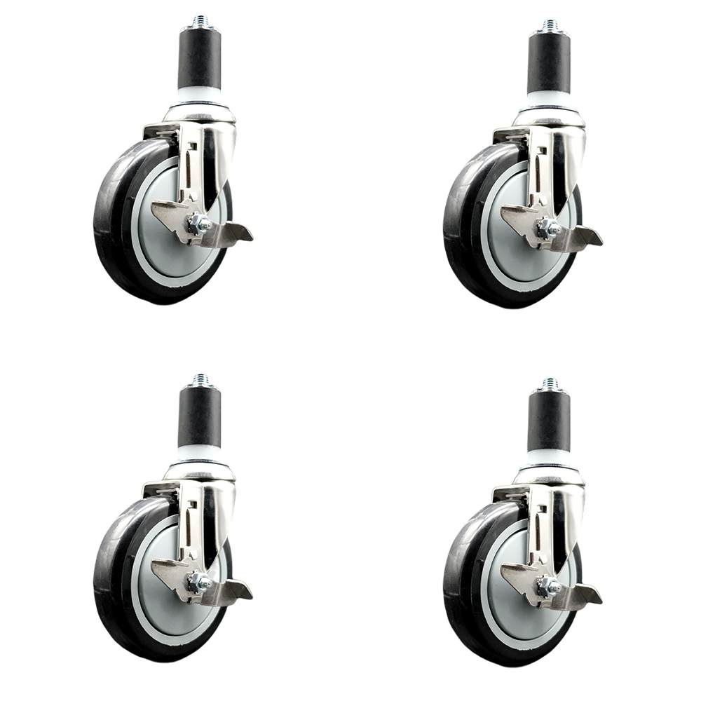 Polyurethane Swivel Stem Caster with 5 in. Black Caster Wheels, 1.63 in. Expanding Stems - 316 Stainless Steel Casters - Set of 4
