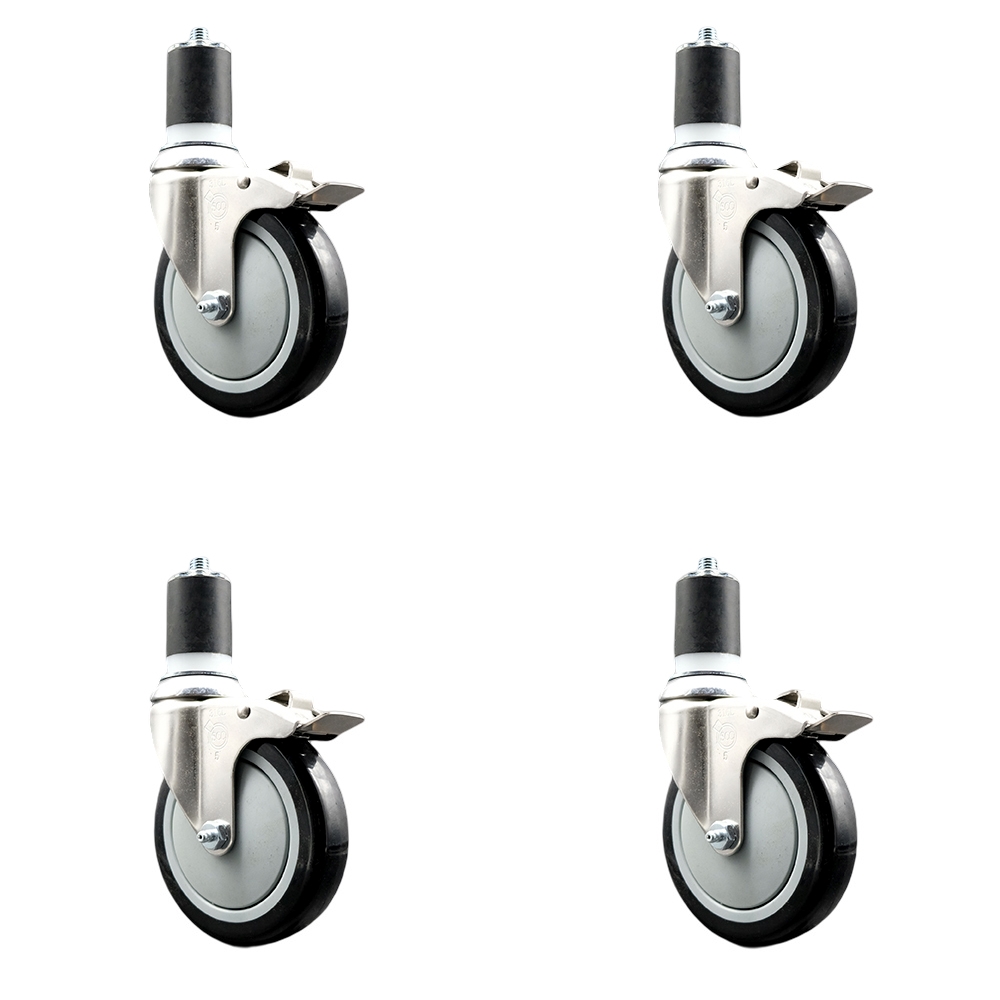 Polyurethane Swivel Stem Caster with 5 in. Black Caster Wheels, 1.75 in. Expanding Stems - 316 Stainless Steel Casters - Set of 4