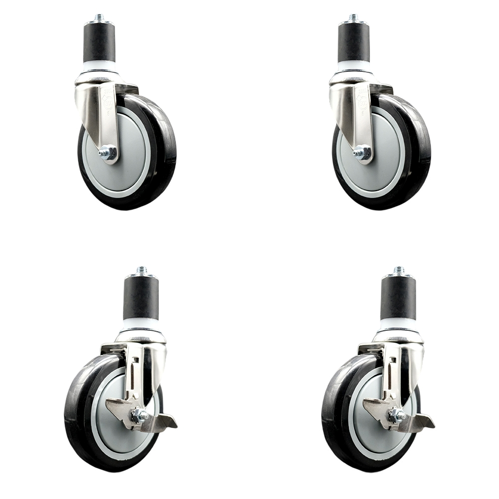 Polyurethane Swivel Stem Caster with 5 in. Black Caster Wheels, 1.75 in. Expanding Stems - 316 Stainless Steel Casters - Set of 4