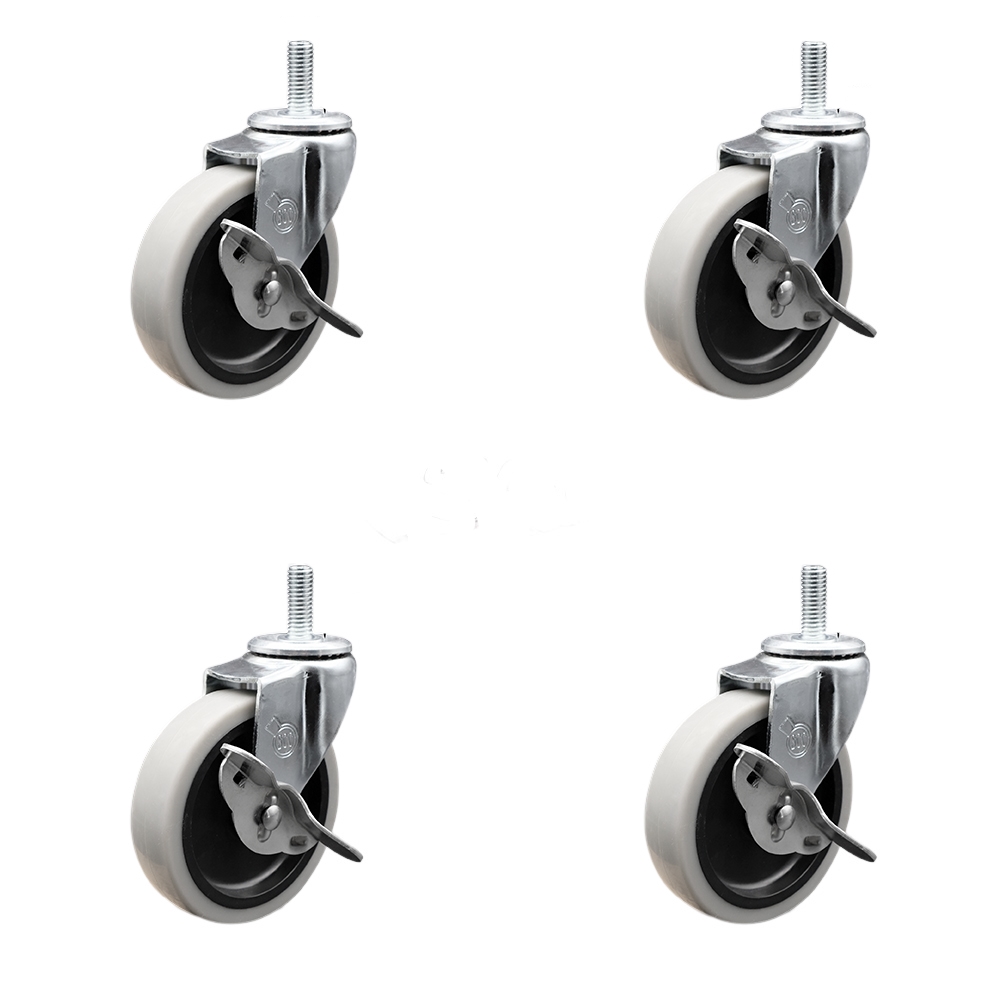 SCC-TS05S410-TPRS-SLB-M1015-4 4 in. Swivel Thermoplastic Rubber Caster Wheels with 10 mm 1.50 TPI x 1.5 in. Threaded Stem Caster & Brake - Set of 4