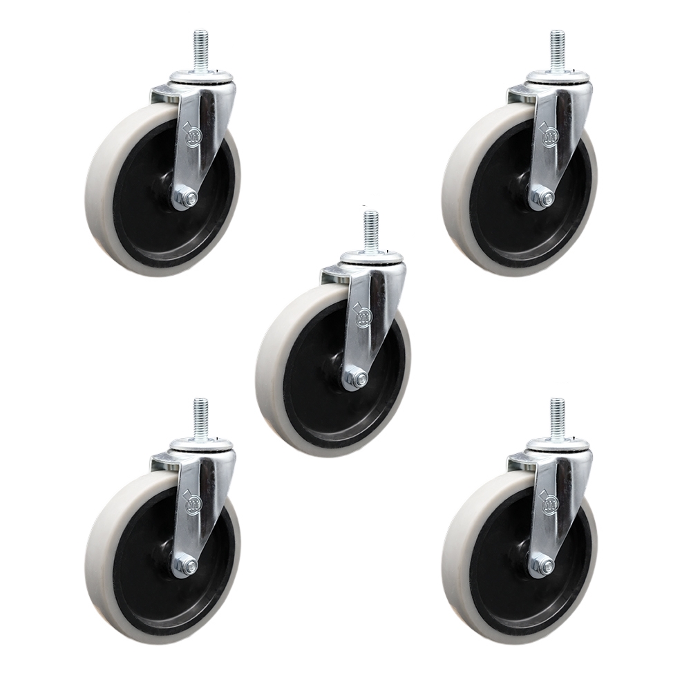 SCC-TS05S510-TPRS-M1215-5 5 in. Swivel Thermoplastic Rubber Caster Wheels with 12 mm 1.75 TPI x 1.5 in. Threaded Stem Casters - Set of 5