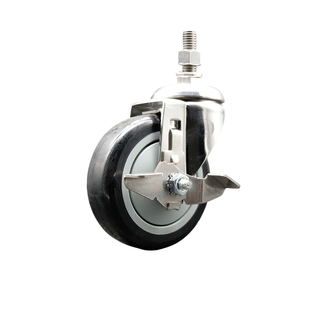 Polyurethane Swivel Stem Caster with 4 in. Black Caster Wheels & Top Lock Brake, 0.5 in. Threaded Stem - 316 Stainless Steel Caster