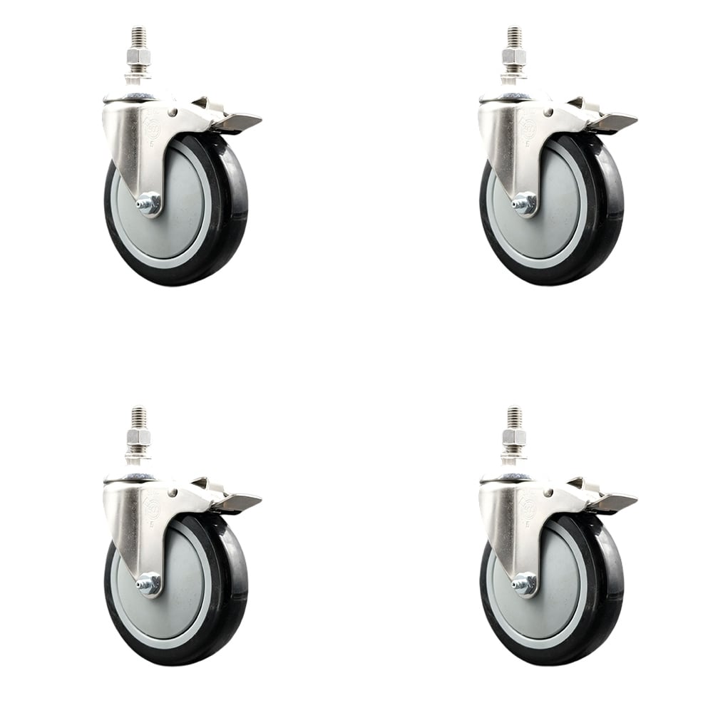 Polyurethane Swivel Stem Caster with 5 in. Black Caster Wheels, 0.5 in. Threaded Stems - 316 Stainless Steel Casters - Set of 4
