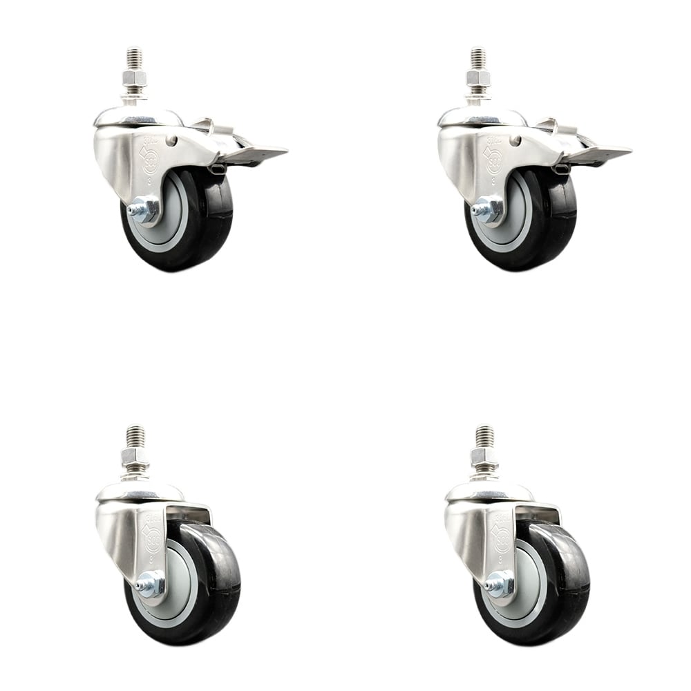 Poly Swivel Stem Caster with 3 in. Black Caster Wheels, 0.38 in. Threaded Stems - 316 Stainless Steel Casters - Set of 4