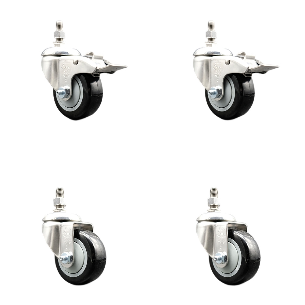 Poly Swivel Stem Caster with 3.5 in. Black Caster Wheels, 0.38 in. Threaded Stems - 316 Stainless Steel Casters - Set of 4