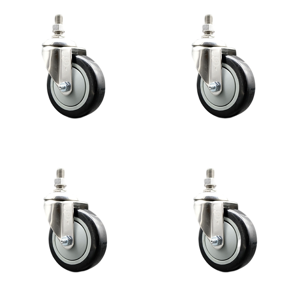 Polyurethane Swivel Stem Caster with 4 in. Black Caster Wheels, 0.38 in. Threaded Stems - 316 Stainless Steel Casters - Set of 4