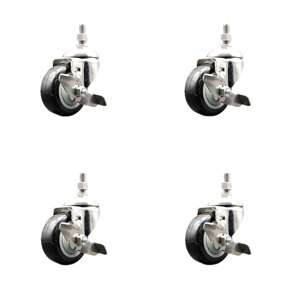 Polyurethane Swivel Stem Caster with 3 in. Black Caster Wheels, 10 mm Threaded Stems - 316 Stainless Steel Casters - Set of 4
