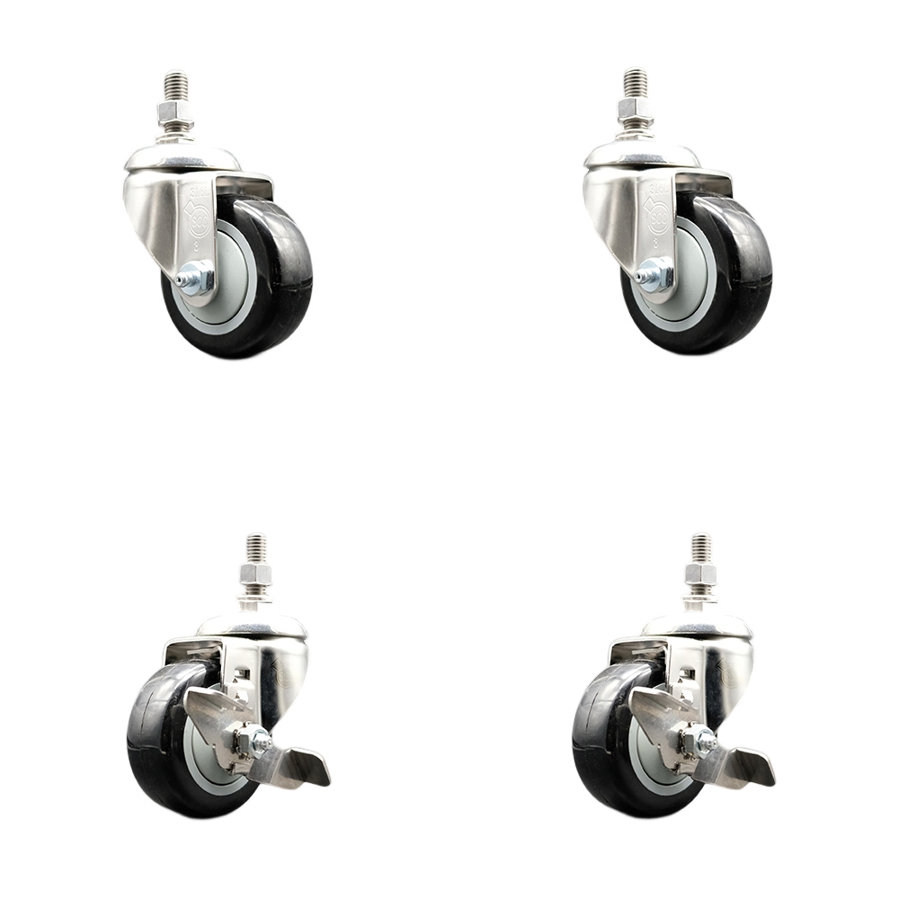 Poly Swivel Stem Caster with 3 in. Black Caster Wheels, 10 mm Threaded Stems - 316 Stainless Steel Casters - Set of 4