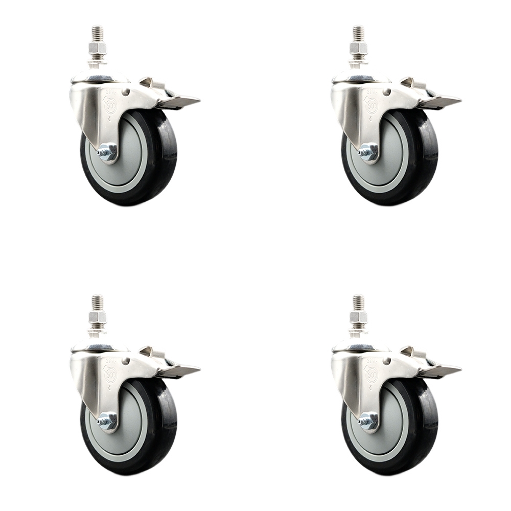 Polyurethane Swivel Stem Caster with 4 in. Black Caster Wheels, 10 mm Threaded Stems - 316 Stainless Steel Casters - Set of 4