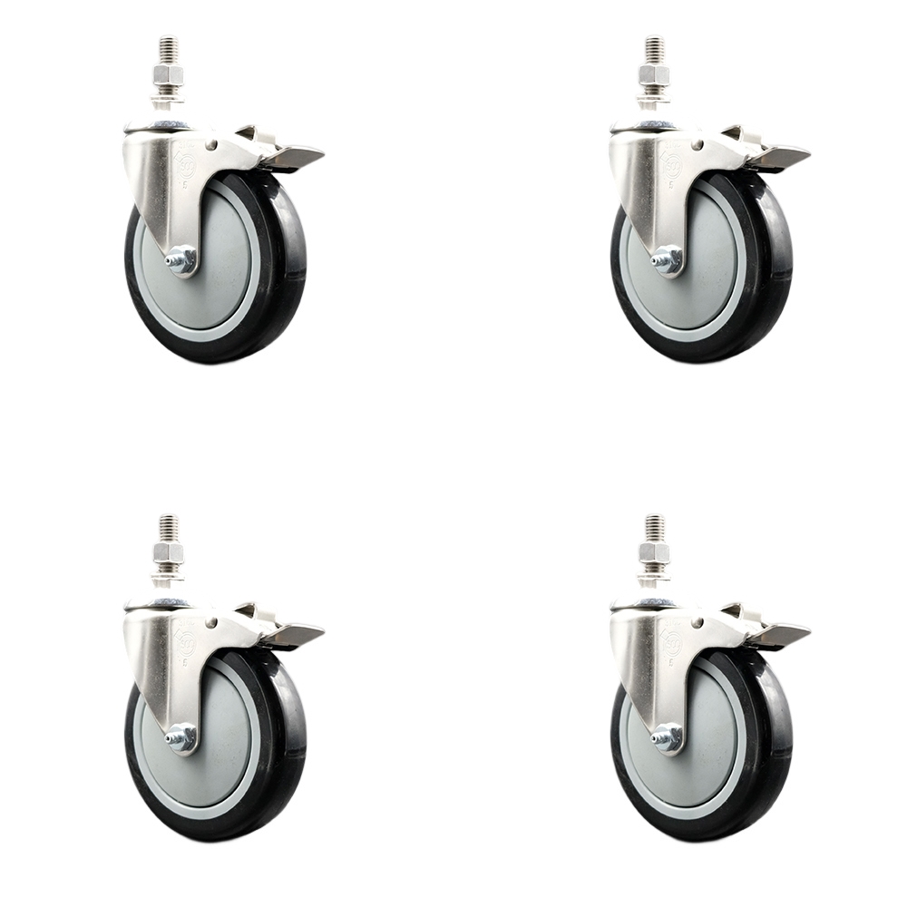 Polyurethane Swivel Stem Caster with 5 in. Black Caster Wheels, 10 mm Threaded Stems - 316 Stainless Steel Casters - Set of 4