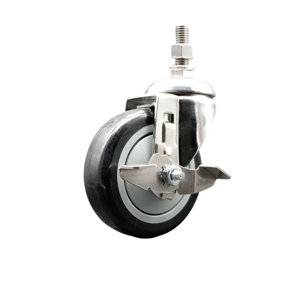 Polyurethane Swivel Stem Caster with 4 in. Black Caster Wheels & Top Lock Brake, 12 mm Threaded Stem - 316 Stainless Steel Caster
