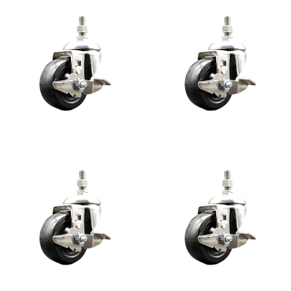 Hard Rubber Swivel Stem Caster with 3.5 in. Caster Wheels, 0.5 in. Threaded Stems - 316 Stainless Steel Casters - Set of 4