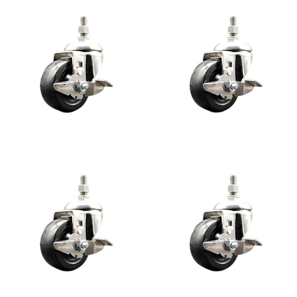 Hard Rubber Swivel Stem Caster with 3 in. Caster Wheels, 10 mm Threaded Stems - 316 Stainless Steel Casters - Set of 4