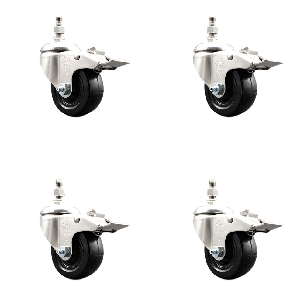 Hard Rubber Swivel Stem Caster with 3.5 in. Caster Wheels, 10 mm Threaded Stems - 316 Stainless Steel Casters - Set of 4