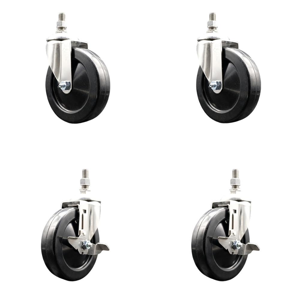 Hard Rubber Swivel Stem Caster with 5 in. Caster Wheels, 12 mm Threaded Stems - 316 Stainless Steel Casters - Set of 4
