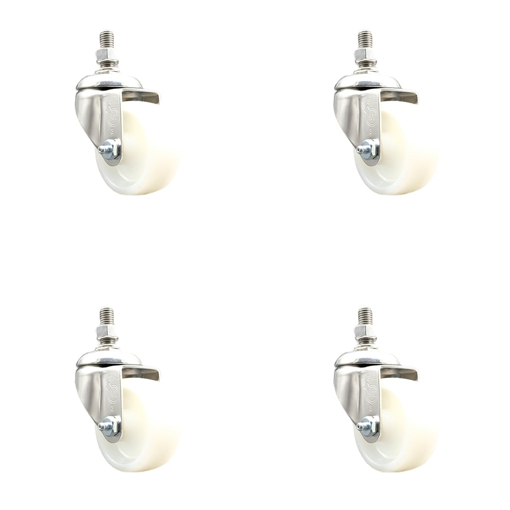 Nylon Swivel Stem Caster with 3 in. Caster Wheels, 0.38 in. Threaded Stems - 316 Stainless Steel Casters - Set of 4