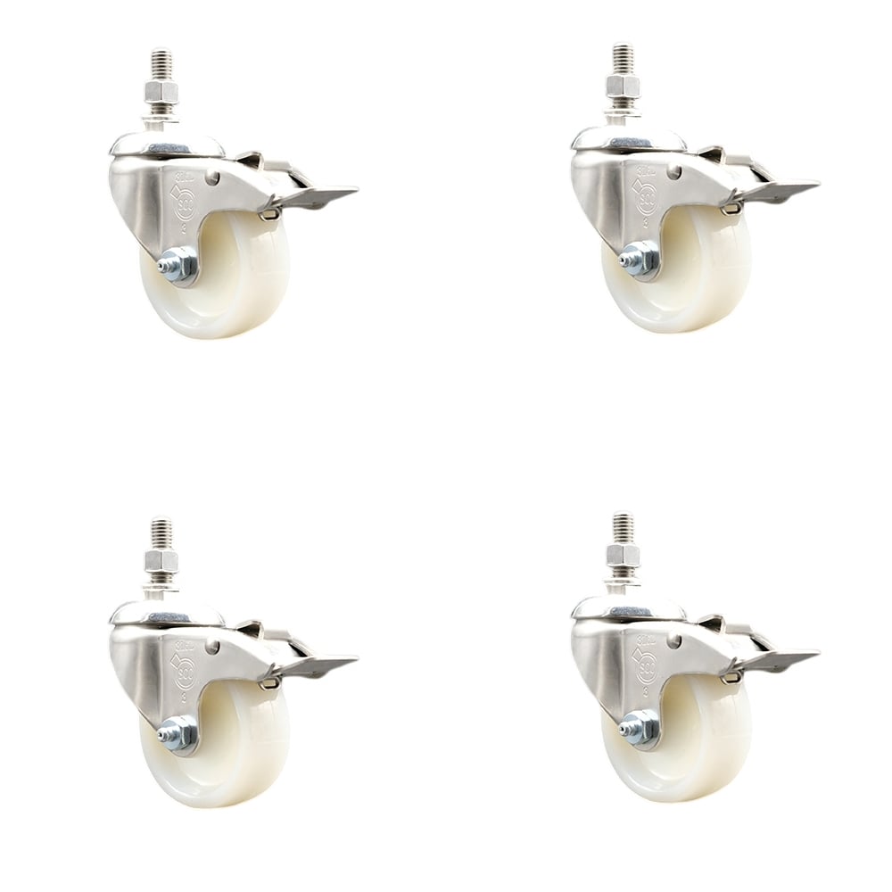 Nylon Swivel Stem Caster with 3 in. Caster Wheels, 0.38 in. Threaded Stems - 316 Stainless Steel Casters - Set of 4