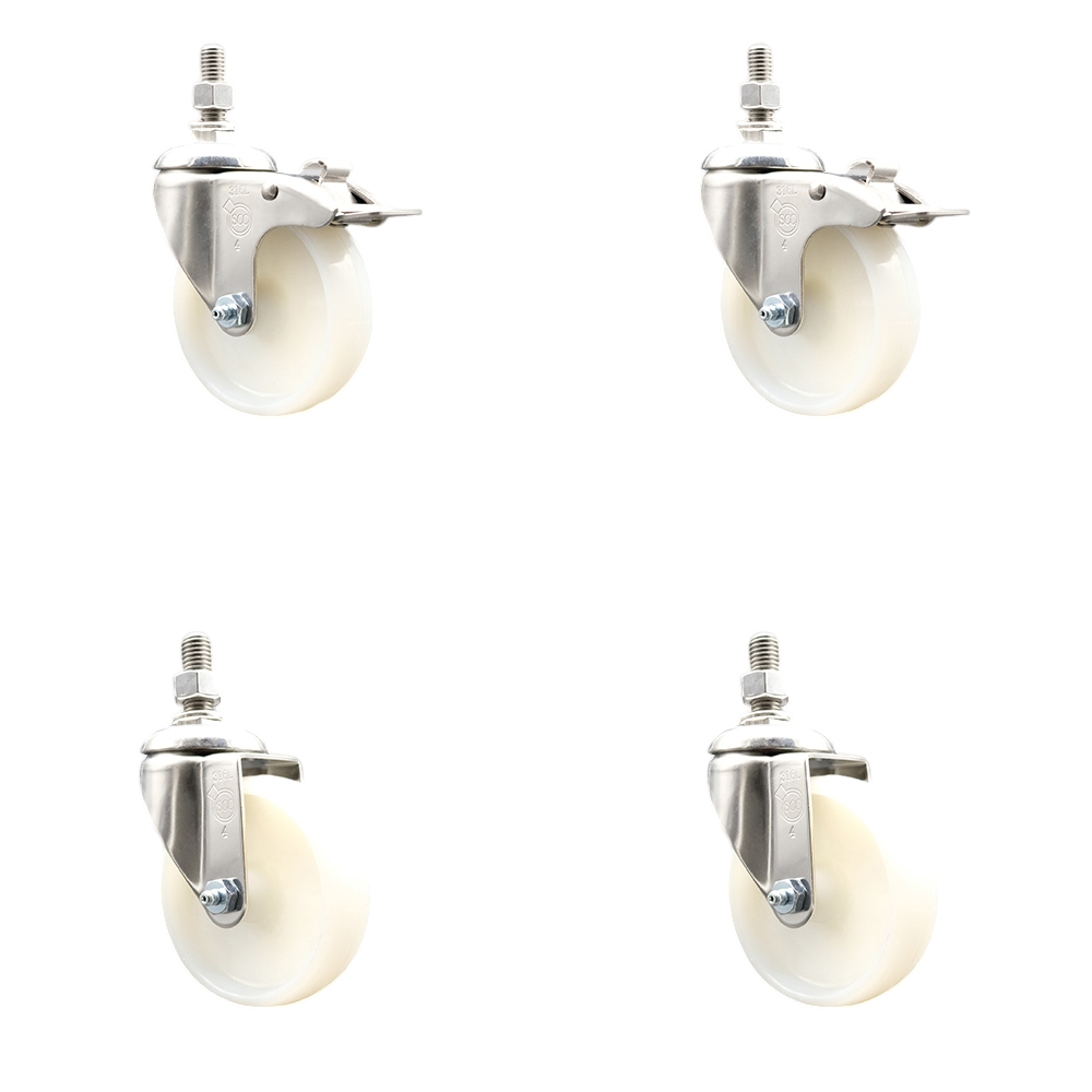 Nylon Swivel Stem Caster with 4 in. Caster Wheels, 0.38 in. Threaded Stems - 316 Stainless Steel Casters - Set of 4
